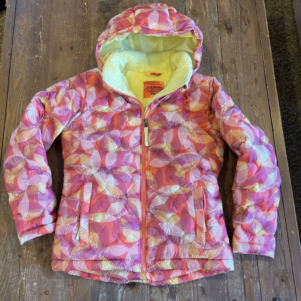 L.L.Bean Girls DownTek Puffer Jacket Size M 10-12 Pink Yellow Detachable Hood
